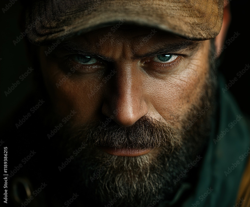 Miner with intense expression working in a dark environment Miner with intense expression working in a dark environment