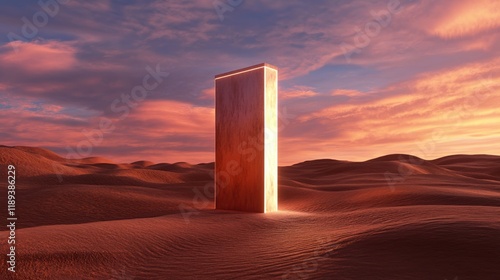 A mysterious glowing doorway floating in an endless desert