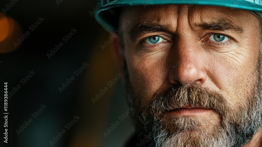 Obraz premium Miner in hard hat with intense gaze showcasing diligence and strength