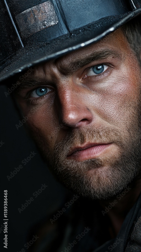 Miner with intense gaze showcasing hard work and dedication in the industry Miner with intense gaze showcasing hard work and dedication in the industry