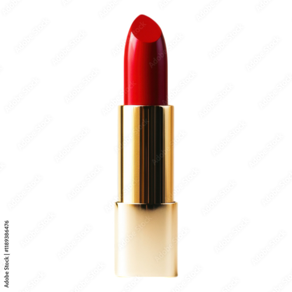 Obraz premium Elegant red lipstick with a luxurious gold base, prominently displayed against a clean white backdrop, showcasing timeless beauty and sophistication