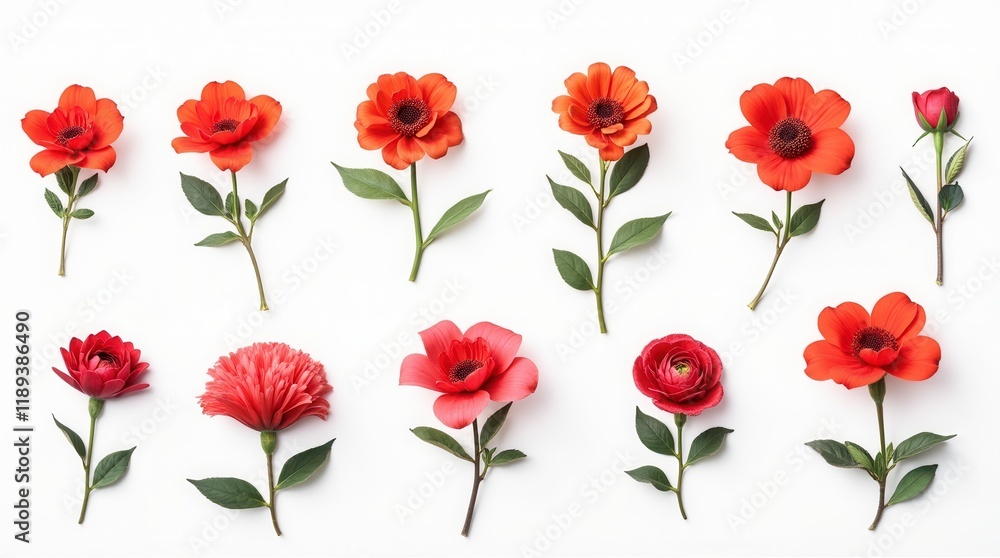 Naklejka premium Collection Of Various Red-Flowered Design Element Flowers, Isolated On A White Background