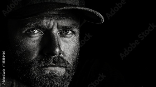 Miner focused on work with intense gaze in dramatic lighting