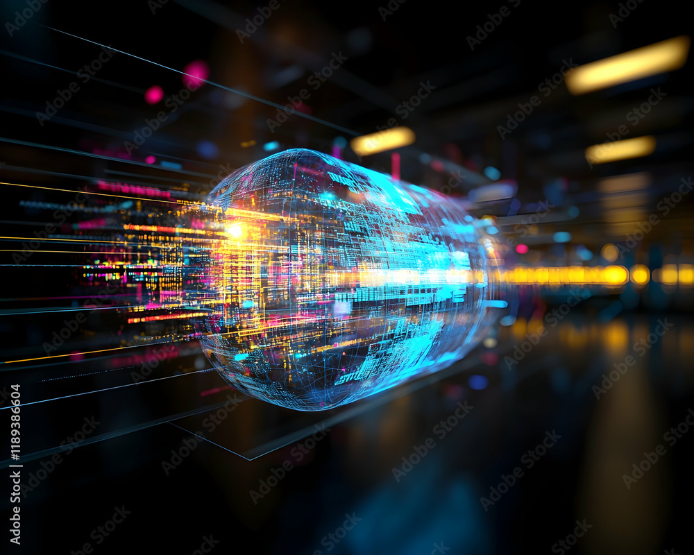Fototapeta premium Data capsule speeding through digital tunnel; futuristic technology; abstract background; suitable for tech, medicine, or science websites