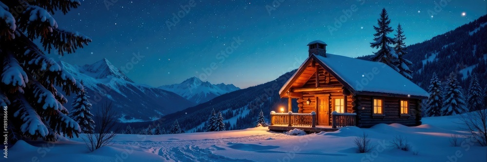 Cozy winter scene with starry night sky and warm candlelight, snowflakes, cabin Cozy winter scene with starry night sky and warm candlelight, snowflakes, cabin