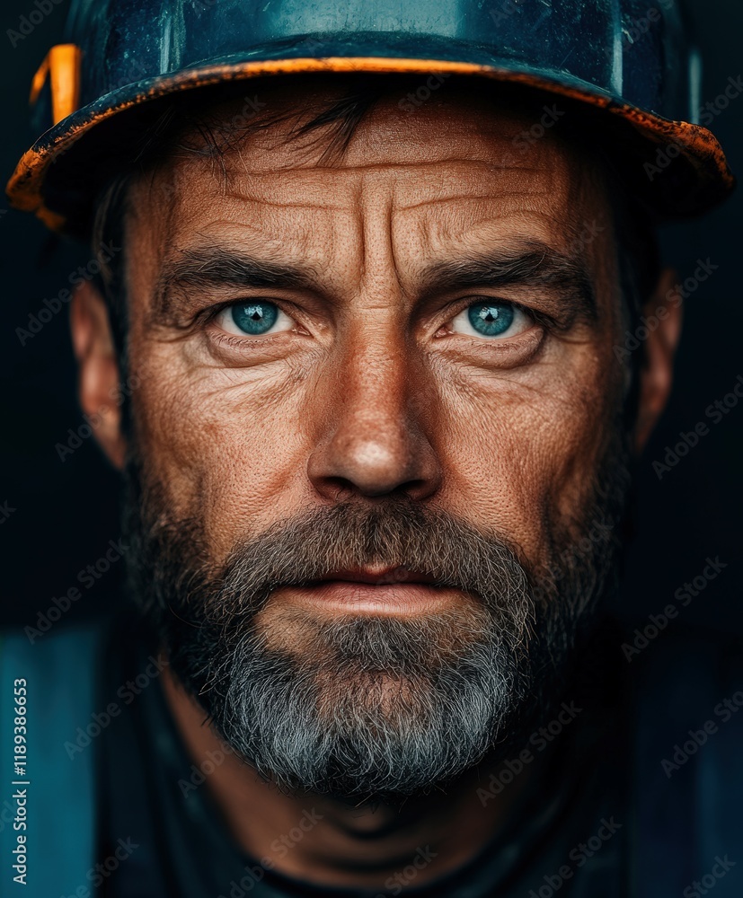 Miner with intense gaze and rugged features in safety helmet Miner with intense gaze and rugged features in safety helmet