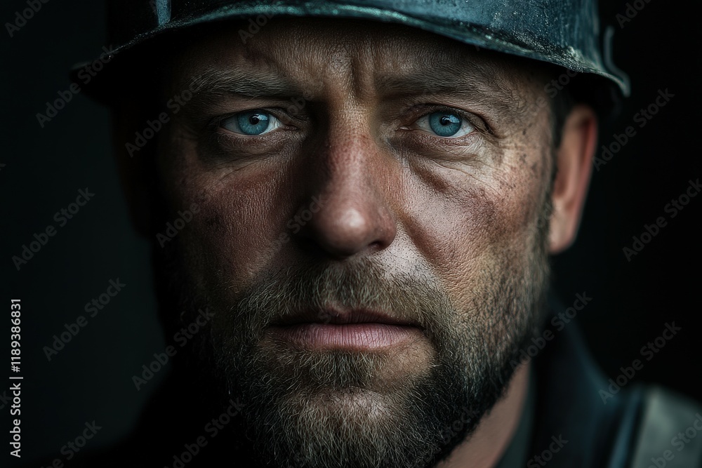Portrait of a miner with intense blue eyes and rugged features Portrait of a miner with intense blue eyes and rugged features