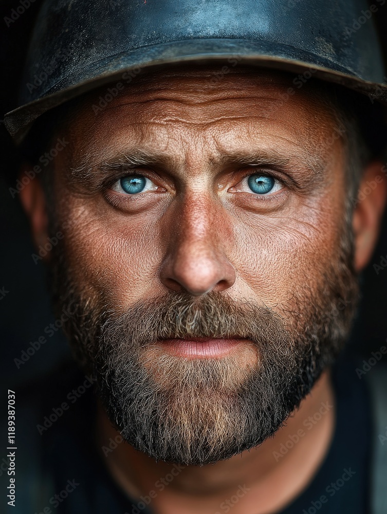 Miner with striking blue eyes wearing a helmet and showing resilience Miner with striking blue eyes wearing a helmet and showing resilience