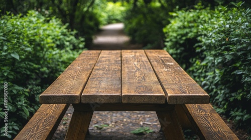 Wooden picnic table surrounded by lush greenery in a tranquil park setting