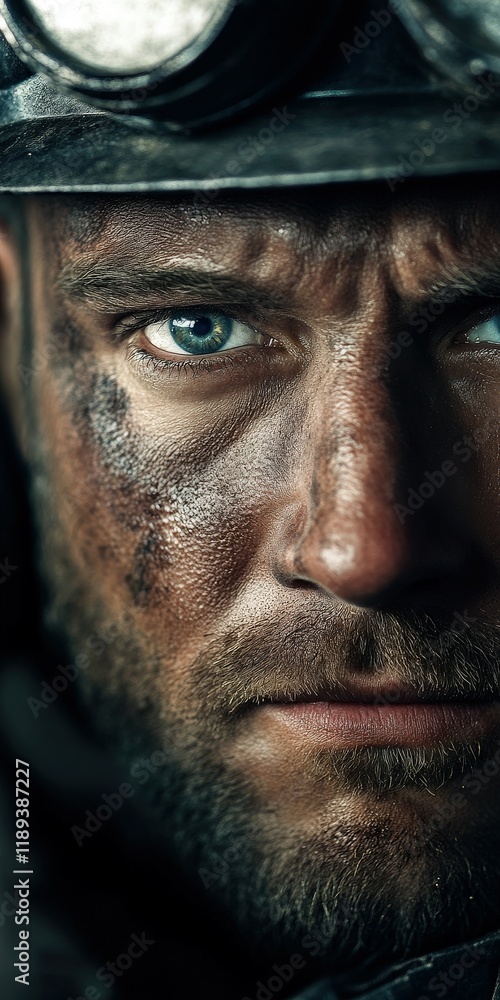 Close-up of a miner's face, showcasing mud and grime from hard work Close-up of a miner's face, showcasing mud and grime from hard work
