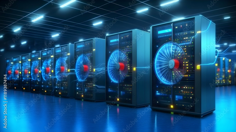 Fototapeta premium Data center servers, glowing fans, digital network, modern technology, for tech articles and websites