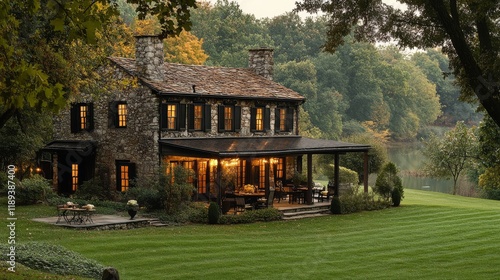 Beautiful stone house surrounded by lush greenery near a calm river during go...