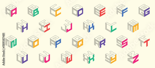 Isometric colorful alphabet. Cube font. Isometric 3d font, three-dimensional alphabet letters, vector illustration.