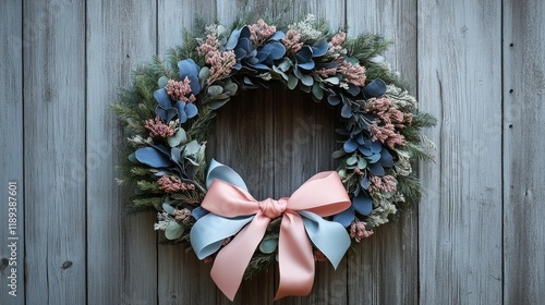 Colorful decorative wreath made of fabric and twigs in a modern rustic setting