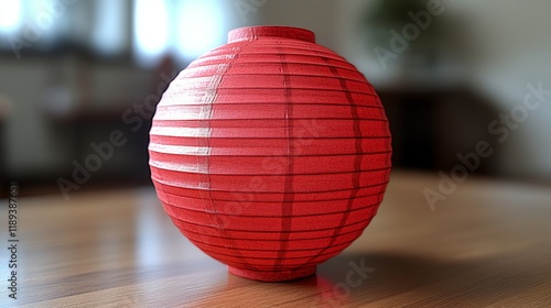 Red paper lantern placed on a wooden table in a bright room during daylight h...