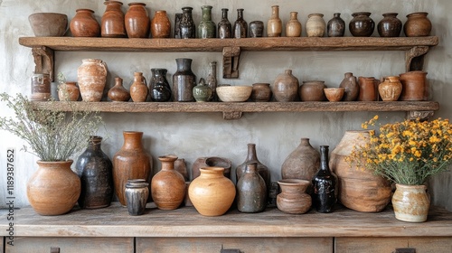 Display of traditional pottery arranged on rustic shelves with dried flowers