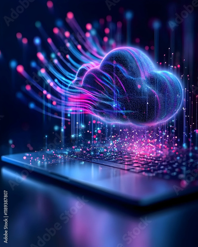 Data cloud computing on laptop, digital network connection, glowing fiber optic cables, dark background, technology concept for websites