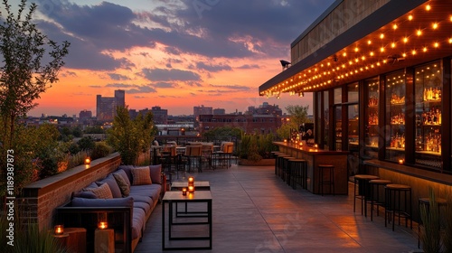 Stylish rooftop bar with city skyline at sunset in an urban setting