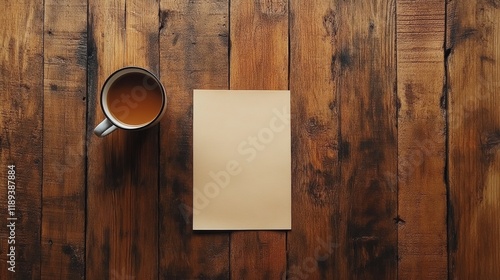 Cozy workspace with a cup of coffee and blank paper on a rustic wooden table ...