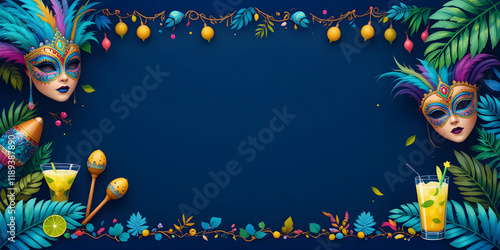 Brazilian carnival festive and tropical-themed with various decorative elements such as masks, maracas, tropical leaves, and drinks ideal for carnival or tropical party invitations, poster photo