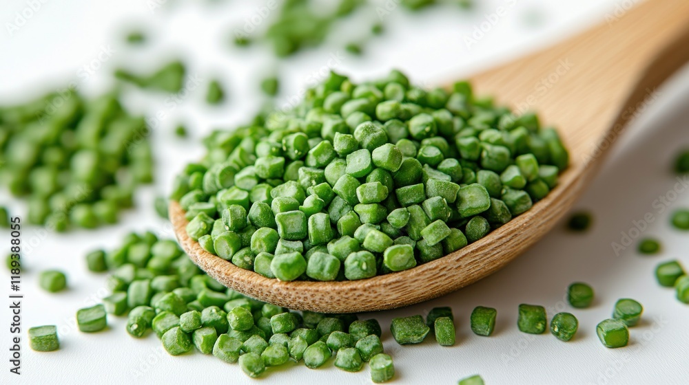 Close-up of diced green vegetables on a wooden spoon. Close-up of diced green vegetables on a wooden spoon.