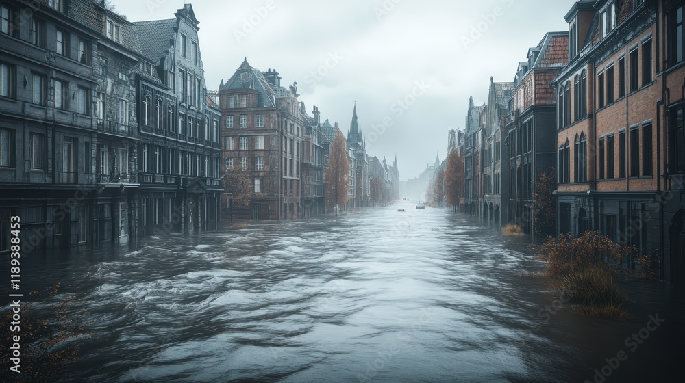 Fototapeta premium Water cascades through city streets, submerging buildings up to their lower windows. The flood creates a surreal atmosphere, highlighting the impact of severe weather on urban life