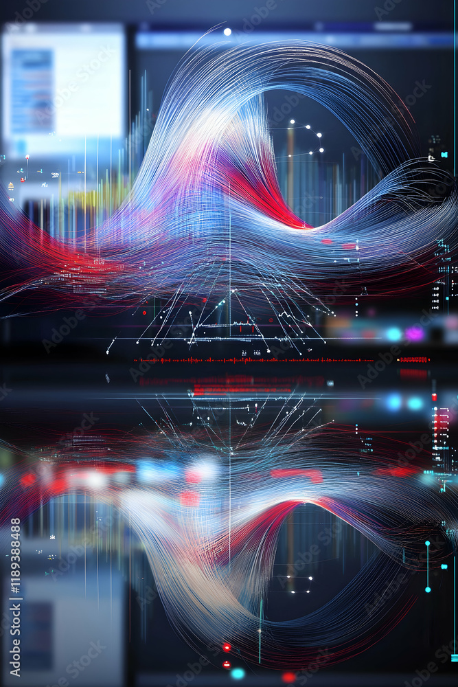 Data flow visualization on screen, abstract digital wave reflecting on surface, futuristic technology concept for website or presentation background Data flow visualization on screen, abstract digital wave reflecting on surface, futuristic technology concept for website or presentation background