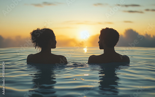 Romantic couple silhouetted against a vibrant sunset, standing or sitting in shallow water at the beach, with serene reflections and tranquil scenery, ideal for love and lifestyle themes photo