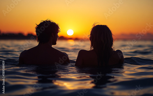 Romantic couple silhouetted against a vibrant sunset, standing or sitting in shallow water at the beach, with serene reflections and tranquil scenery, ideal for love and lifestyle themes photo