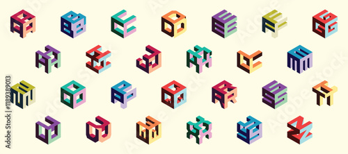 Isometric colorful alphabet. Cube font. Isometric 3d font, three-dimensional alphabet letters, vector illustration.