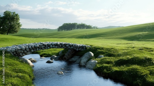 A quaint stone bridge crossing a babbling brook in a green countryside