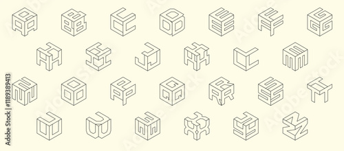 Isometric wireframe alphabet. Cube font. Isometric 3d font, three-dimensional alphabet letters, vector illustration.