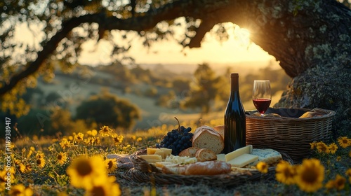 Basket of bread and cheese with wine next to sunflowers in a scenic countrysi...