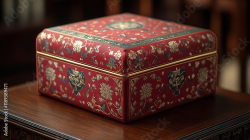 Ornate red decorative box with floral design resting on a wooden table in a s...
