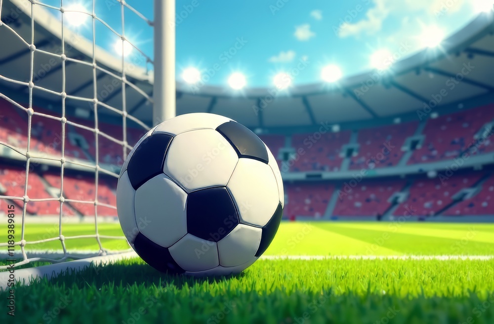 Fototapeta premium A black and white ball lies next to the football goal against the background of the playing field and stands. Concept of football, game, competition, match