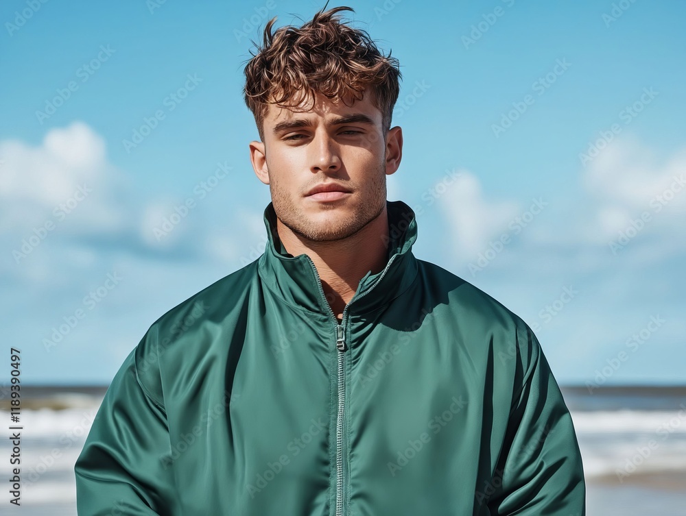 A man standing on the beach wearing a green jacket A man standing on the beach wearing a green jacket