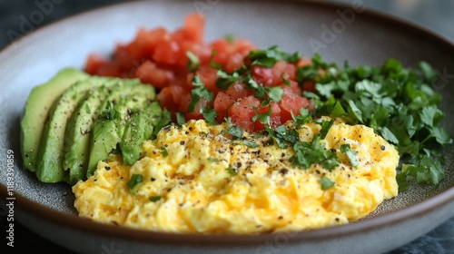 Savory scrambled eggs served with fresh avocado and vibrant tomato salsa on a...