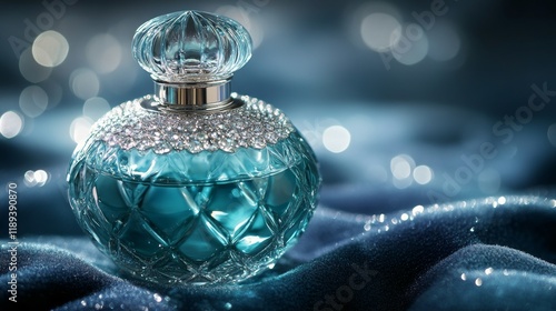 Elegant glass perfume bottle with warm amber liquid set against soft blurred ...