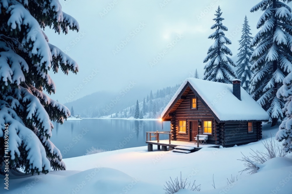 Dense snowfall surrounds a wooden cabin, with icy trees and a frozen lake in the background, frozen lake, serene atmosphere, snowy forest Dense snowfall surrounds a wooden cabin, with icy trees and a frozen lake in the background, frozen lake, serene atmosphere, snowy forest