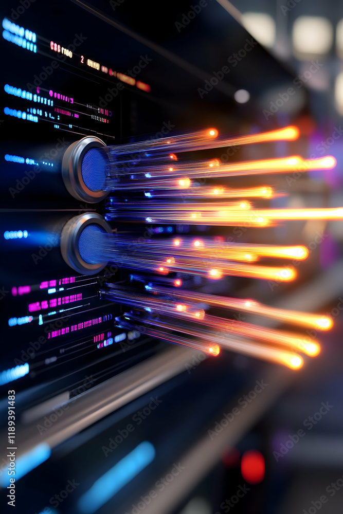 Data streams emerging from server, digital code background, depicting fast internet speed and high-tech network infrastructure Data streams emerging from server, digital code background, depicting fast internet speed and high-tech network infrastructure