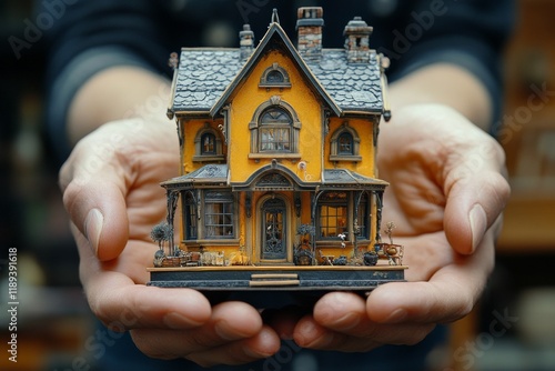Miniature yellow house held in hands with intricate details and tiny trees