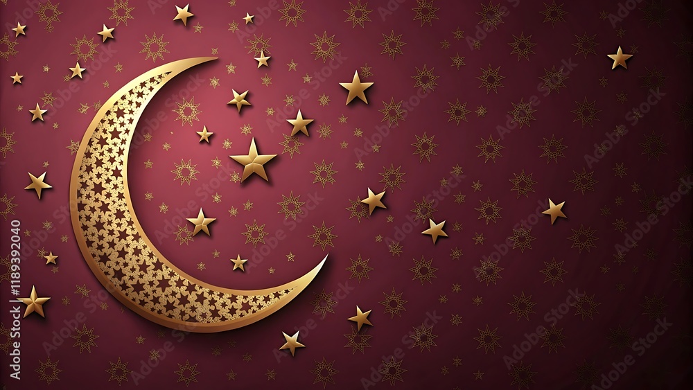 Naklejka premium Minimalist Maroon Ramadan Background with Gold Crescent Moon and Scattered Stars for Modern Designs 