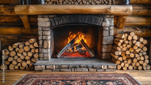 Cozy fireplace with stacked wood in a rustic cabin during winter