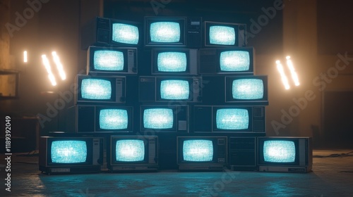 Stack of vintage TVs showing static in a dark room with neon lights.