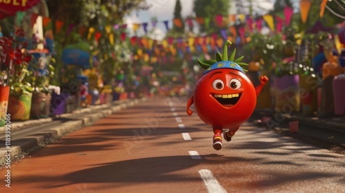 Cartoon tomato running a race in a colorful street fair.