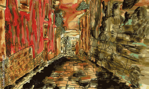 Alley in Italy - Hand-painted watercolor painting on stone paper.
