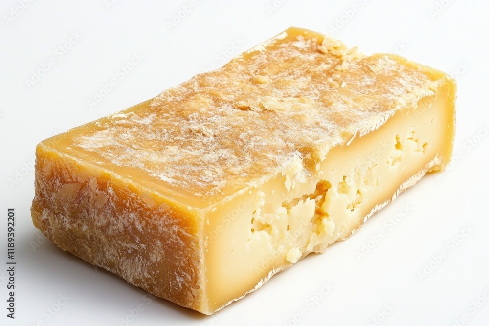 block of aged asiago cheese with its golden crust and rustic texture positioned on clean white background with ample block of aged asiago cheese with its golden crust and rustic texture positioned on clean white background with ample