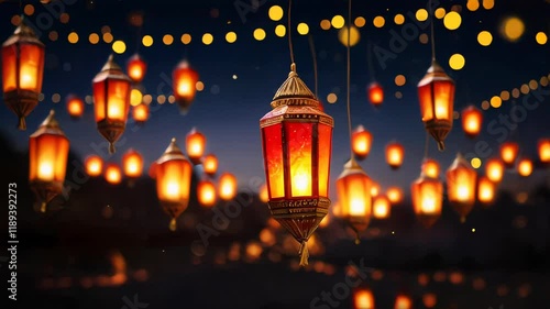 Animated bright scene with lanterns soaring into the night, representing the traditional Diwali ritual of light. The expansive background offers room for creative design and text placement