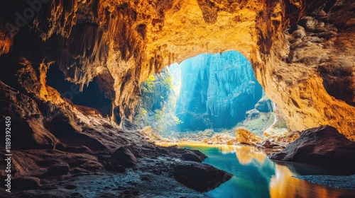 Cave entrance with a tranquil turquoise river.