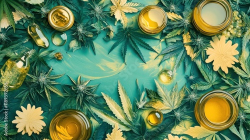 CBD oil, cannabis extracts, and leaves arranged on a teal background.